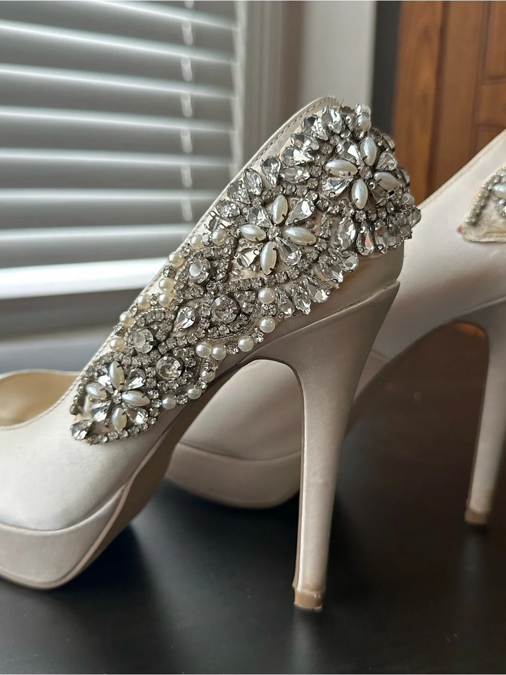 Paradox London Pink Satin Ivory Peep-Toe Platform Heels with Crystal Trim